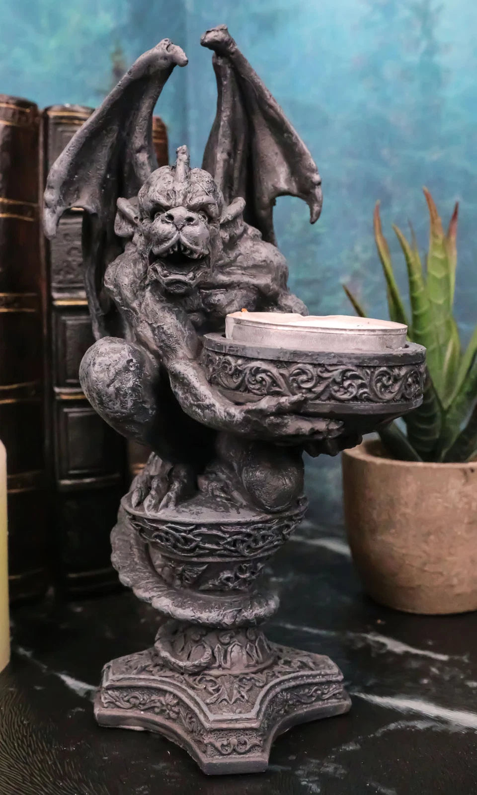 Gothic Wyvern Gargoyle Tea Light Candle Holder Guardian Kneeling Servant Statue-1