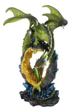 Green Dragon Guarding Faux Geode Crystal Arch Rock With Rainbow Icicle Figurine-5