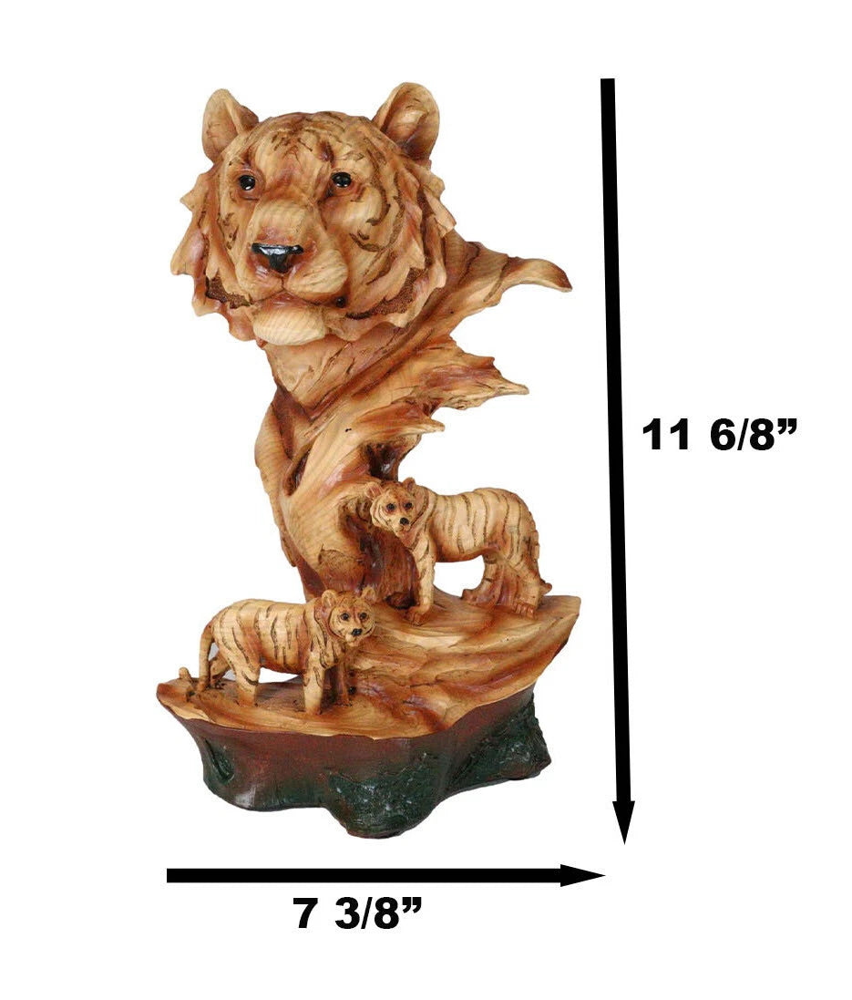 Large Bengal Tiger Bust Statue 11.75"Tall Faux Wood Resin Tiger Family In Jungle-7