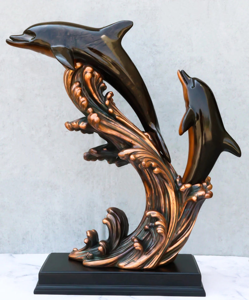 Large 23"H Nautical Marine 2 Bottlenose Dolphins Leaping Over Ocean Waves Statue-2