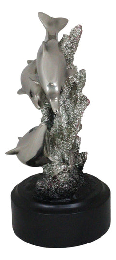 Nautical Marine Sea Dolphins By Coral Reef Silver Electroplated Resin Figurine-5