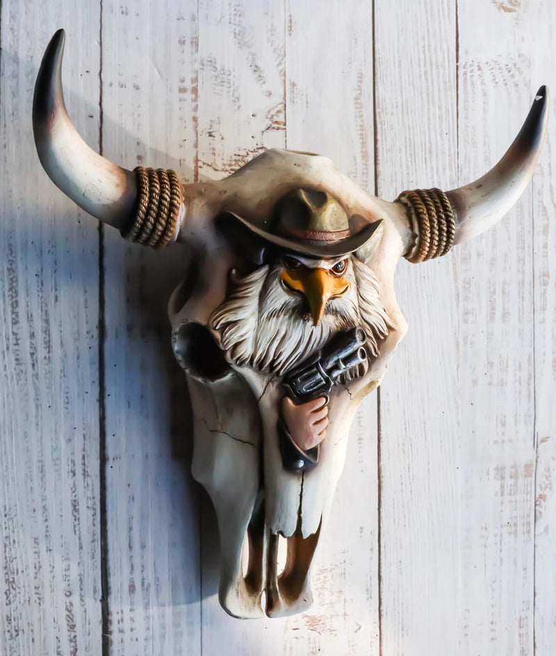 Rustic Western Eagle Cowboy With Gun Horned Ropes Cow Skull Wall Decor Plaque-2
