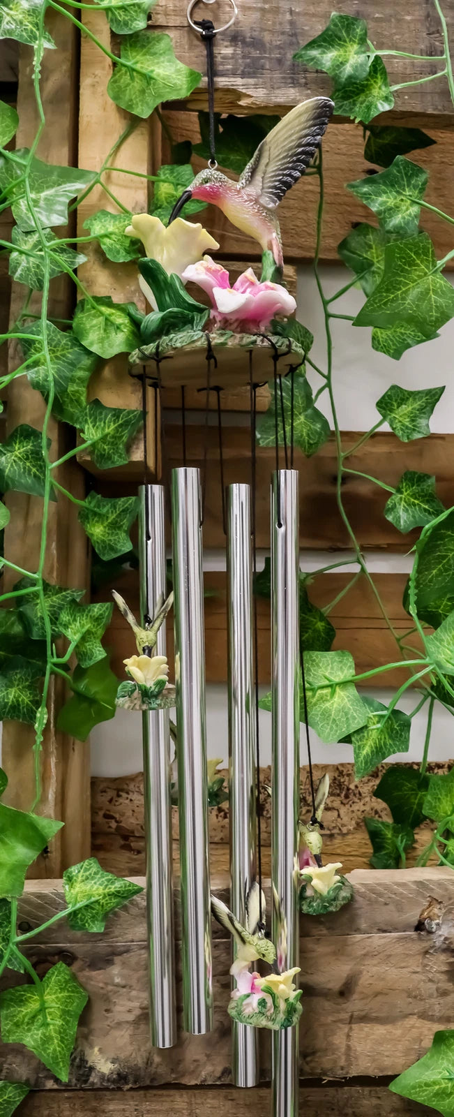 Beautiful Hummingbird with Nectarine Lily Flowers Wind Chime 21" L