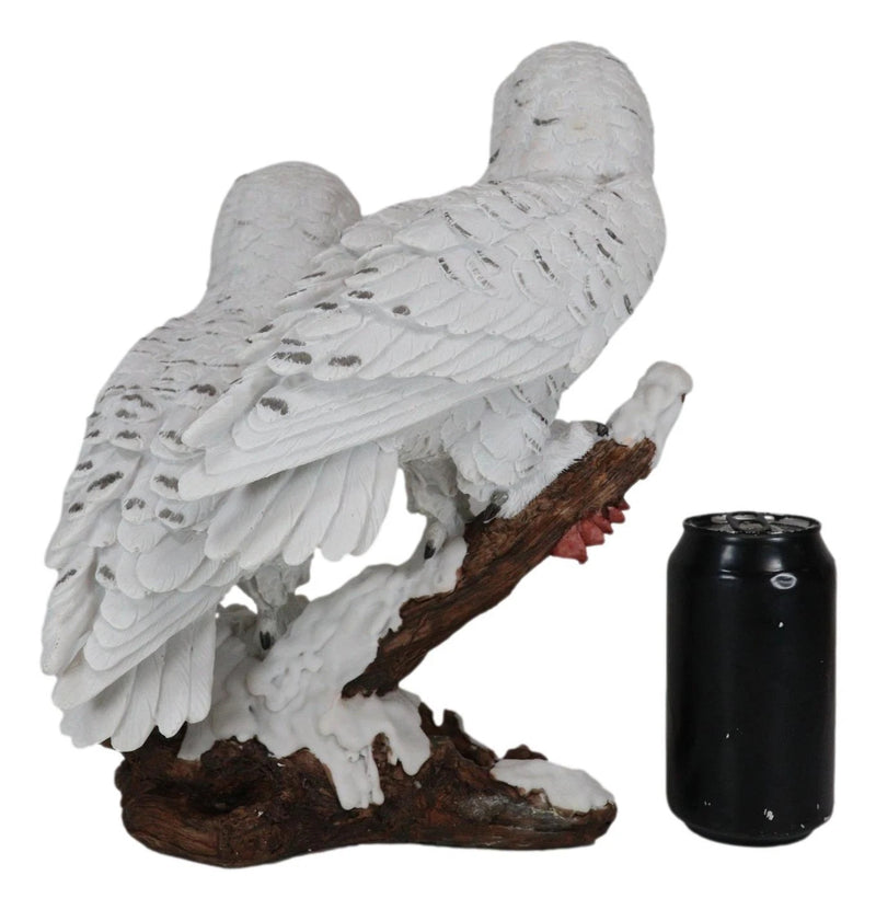 Mystical Two White Snowy Owl Couple Perching On Tree Branch Statue 12.25"Tall-5