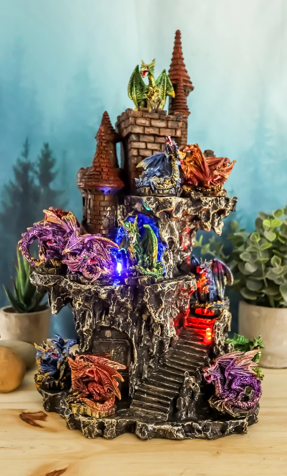 Medieval Rocky Cliff Castle LED Light Display Stand With 12 Mini Dragons Statue