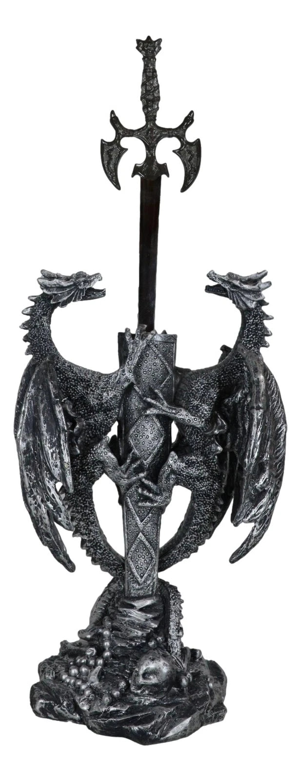 Figura abrecartas de fantasía gótica con dragón doble trepador y espada Excalibur-3