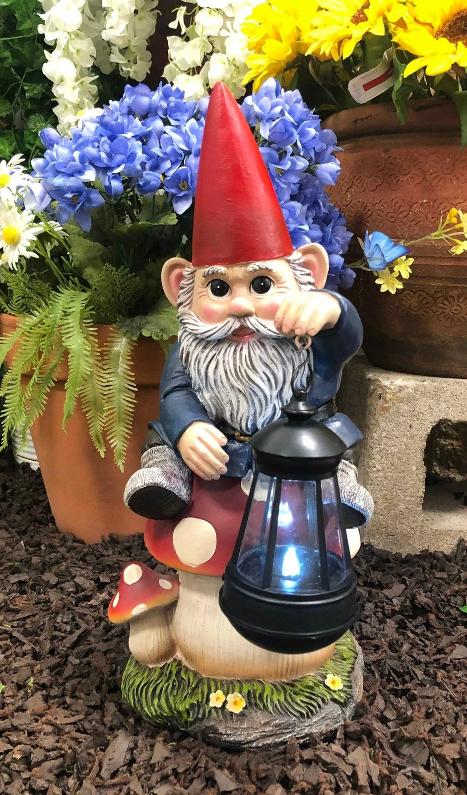 Large Whimsical Gnome On Toadstool Mushroom With Solar LED Lantern Light Statue-1