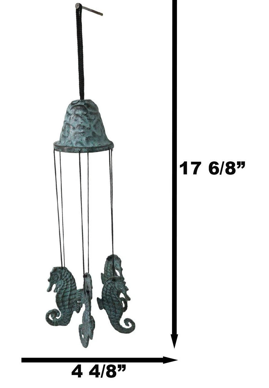 Verdigris Distressed Brass Metal Nautical Bell With Marine Seahorses Wind Chime-3