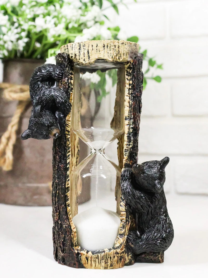 Rustic Adorable Forest Black Bear Cubs Climbing On Tree Sand Timer Figurine-1