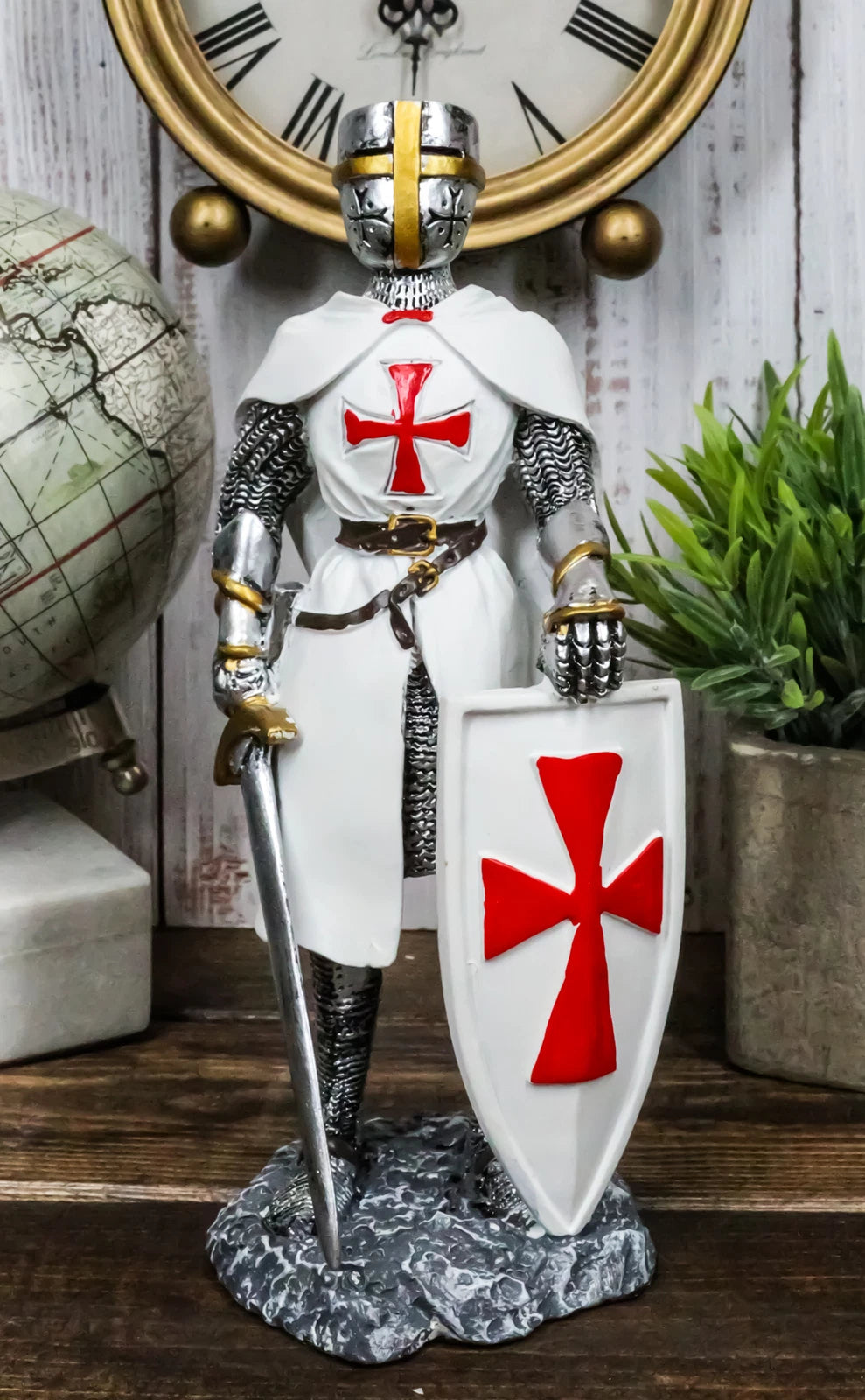 White Cloak Medieval Crusader Swordsman With Shield Of Faith Knight Figurine-7