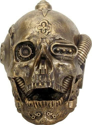 6.5 Inch Gold Colored Open Mouthed Machine Skull Head Figurine Decor
