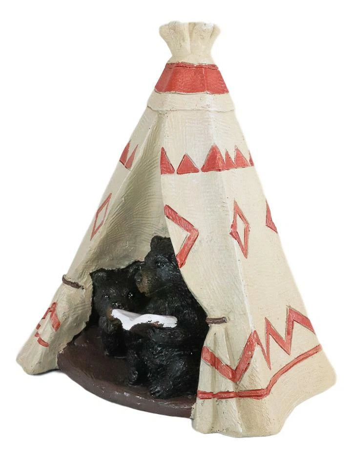 Rustic Forest Black Bear Cubs Story Time Reading Book In Teepee Figurine-3