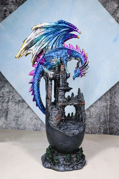 Medieval Blue Dragon Perching On Abandoned Castle Tower Ruins Figurine 12"H-1