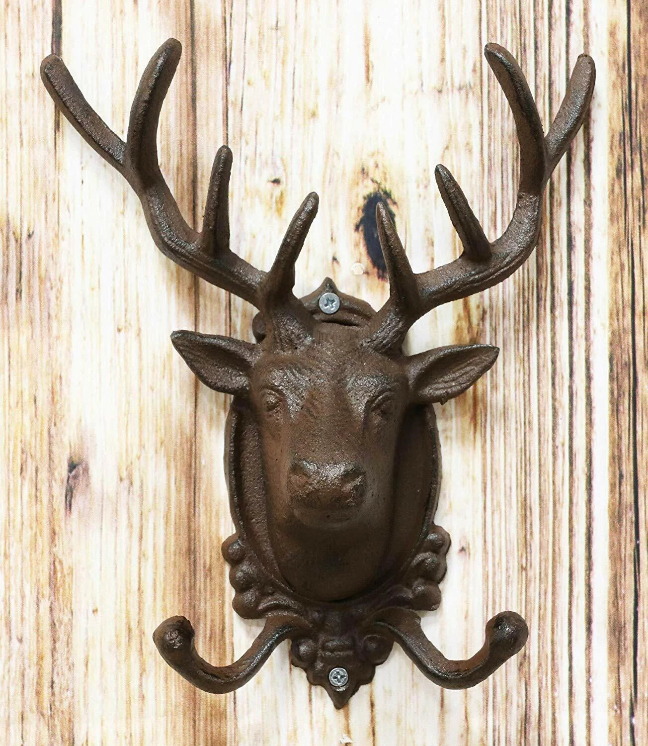 Cast Iron Rustic Stag Deer Antlers Wall Double Hooks Decor Plaque 10.5" H