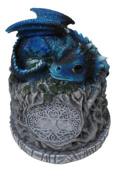 Blue Wyrmling Dragon Sleeping On Tree Of Life Stump Cone Incense Burner Figurine-2