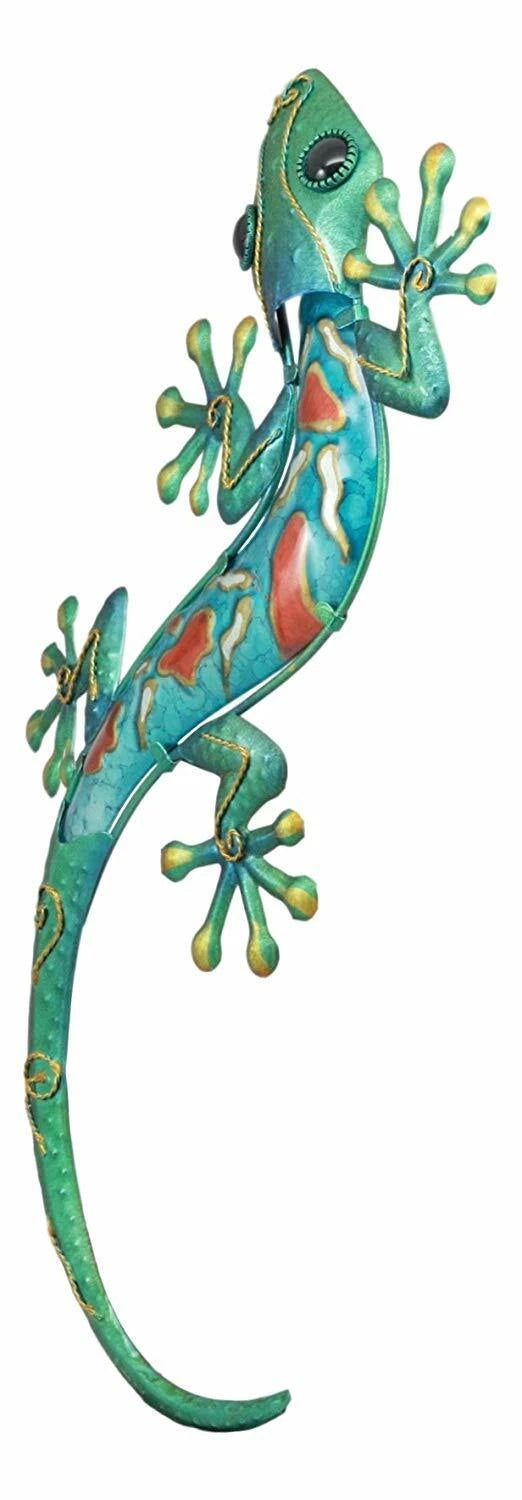 Crawling Green Metal Lizard Gecko with Blue Glass Body Wall Decor 18.5"L-3