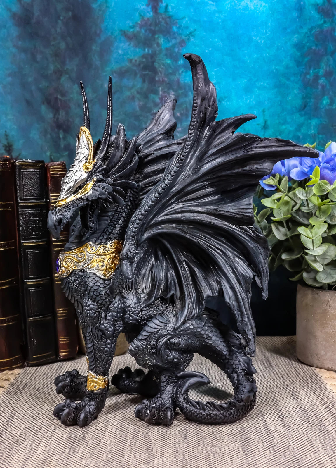 Blue Sapphire Golden Armored Combat Dragon Standing Guard In Faux Stone Statue-1