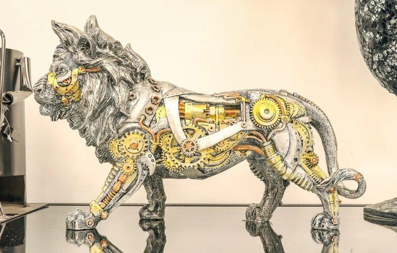 Steampunk Pressure Valve Bionic Geared Cyborg Lion King Prowling Figurine-2