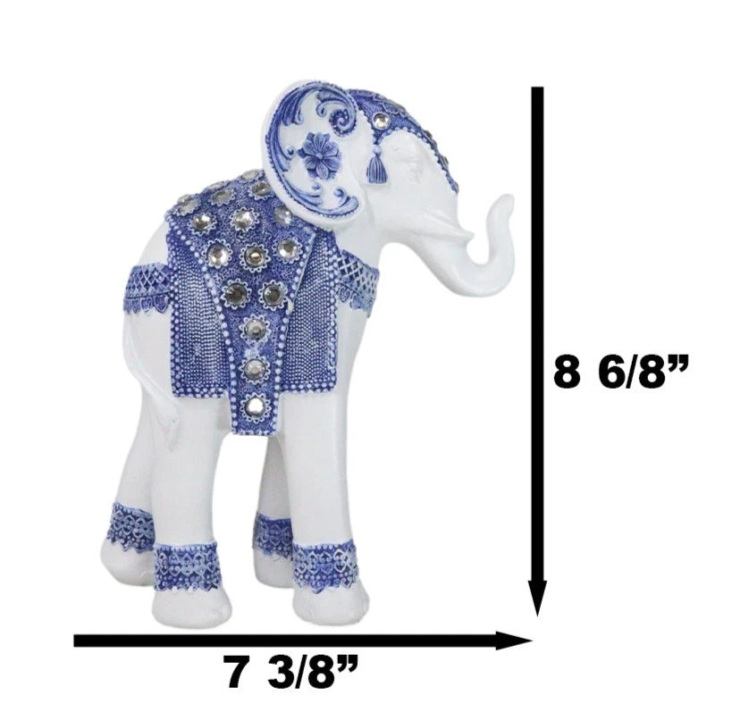 Feng Shui Ming Style Blue And White Ornate Design With Crystals Elephant Statue-3
