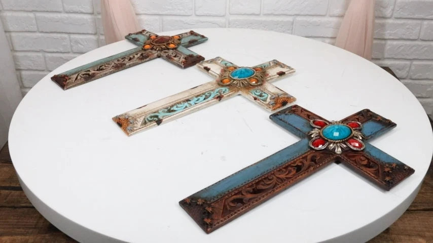 Pack Of 3 Rustic Western Tuscany Scrollwork Turquoise Amber Gems Wall Crosses-5