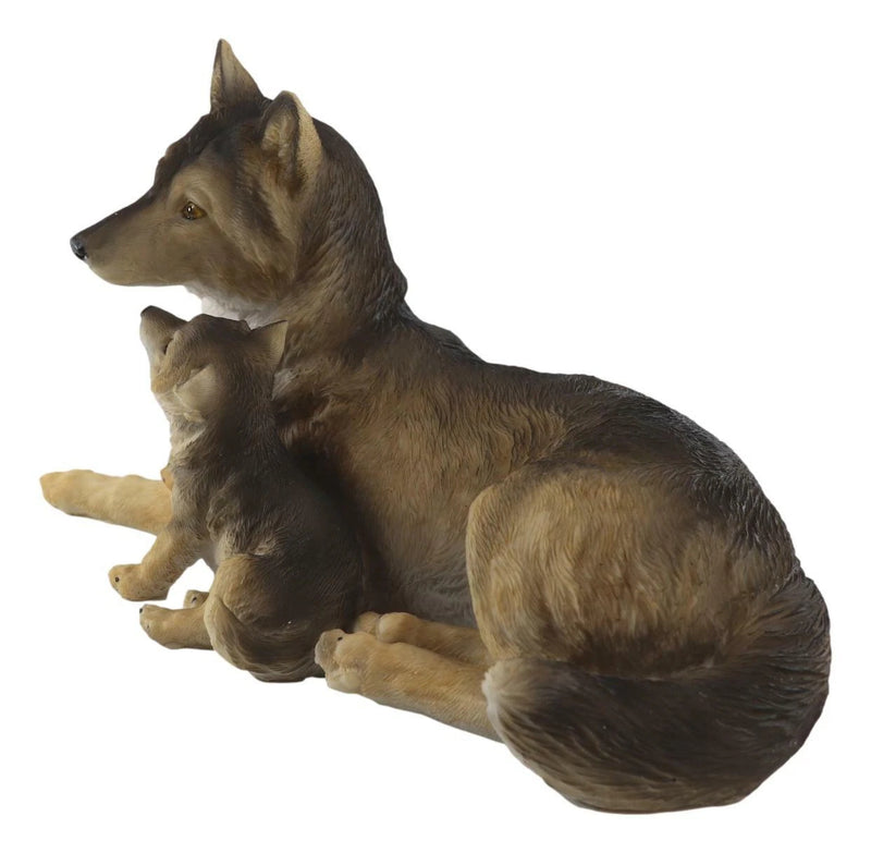Alpha Gray Wolf Family Figurine 9.75"L Timber Wolf Mother Resting With Pup-2