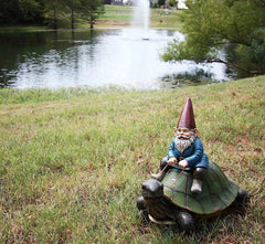 Large Whimsical Mr. Gnome Riding Giant Turtle Garden Statue 17.25" L-2