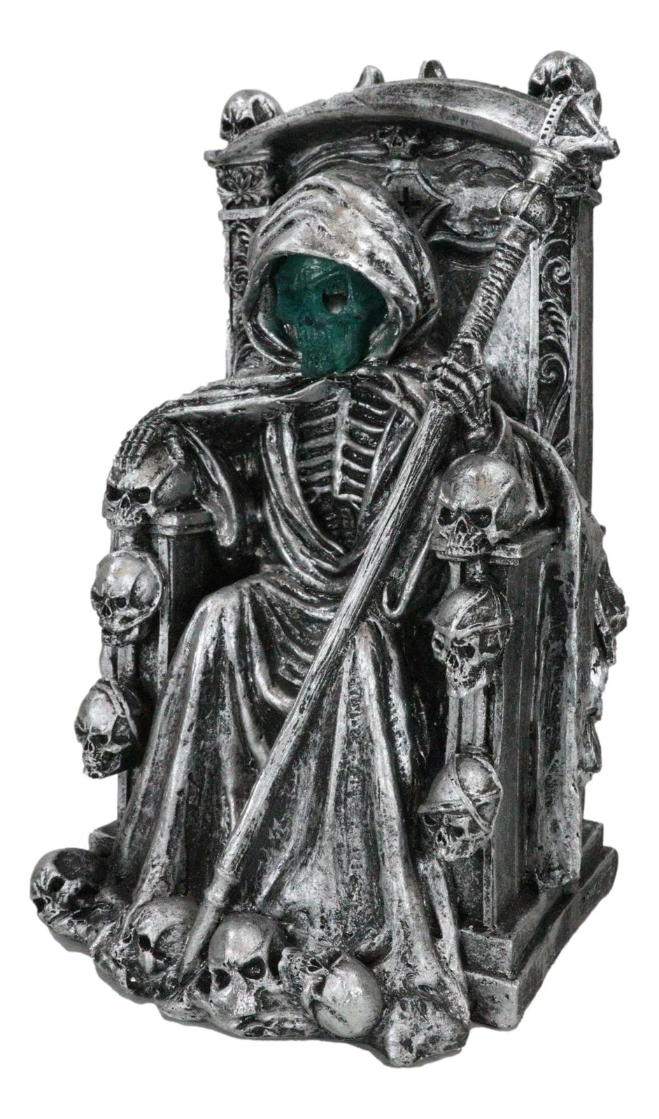 Dark Lord Grim Reaper Skeleton On Throne With LED Light Ghastly Face Figurine-7
