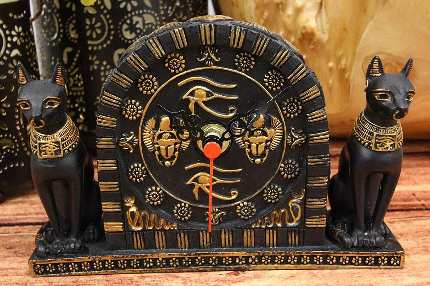 Estatua de reloj de mesa Bastet del antiguo Egipto, de 17 cm de largo y con números romanos.
