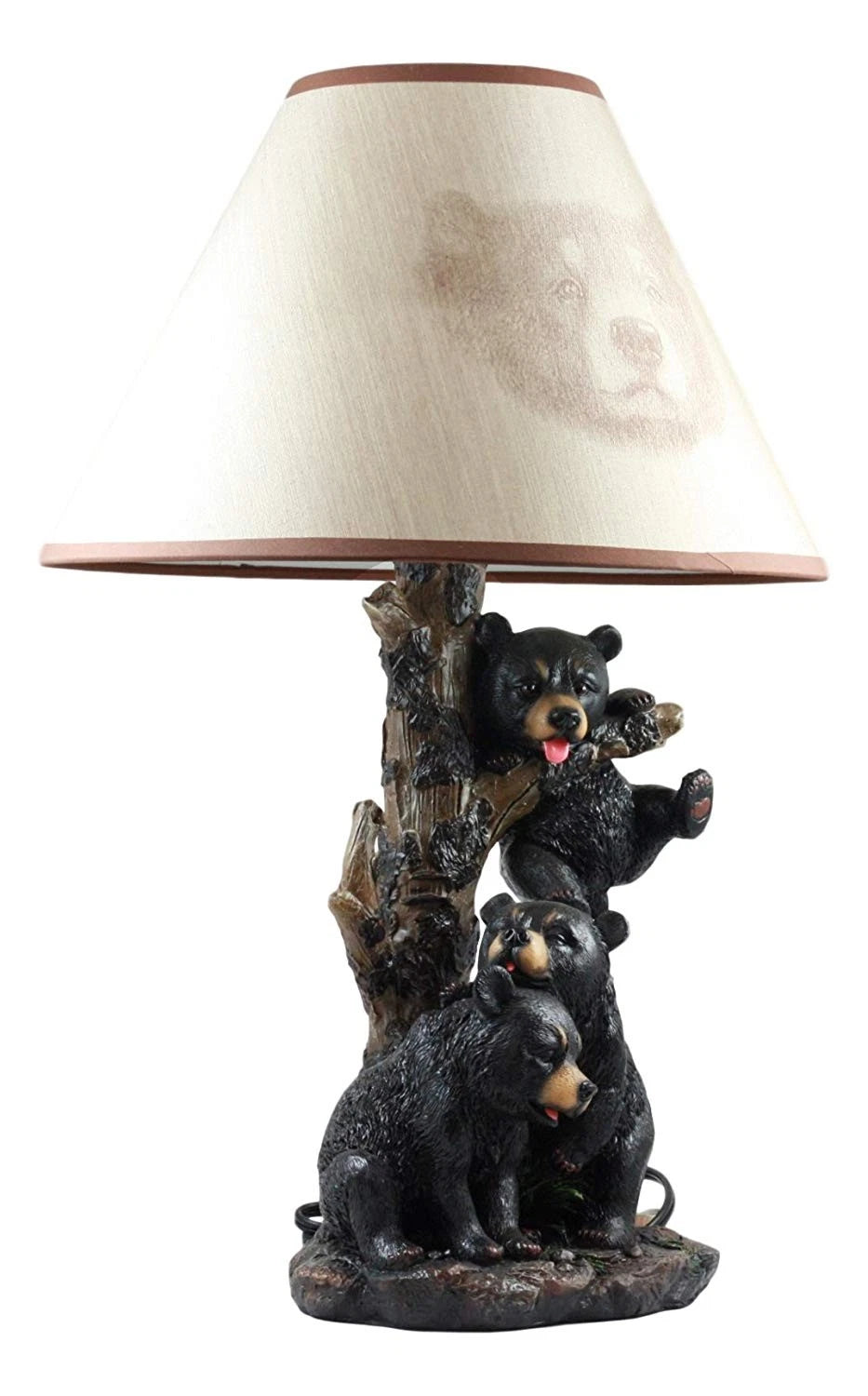 Climbing Black Bear Cubs Table Lamp Statue Decor With Bear Face Shade-7