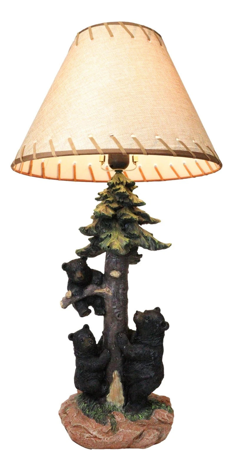 Rustic Western Forest Black Mama Bear With Cubs Climbing On Pine Tree Table Lamp-3