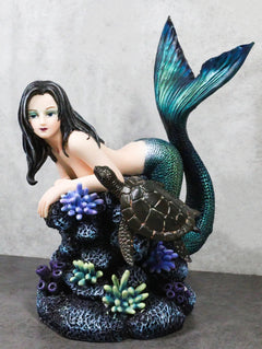 Siren Mermaid With Iridescent Tail And Turtle Companion By Coral Rocks Statue-1