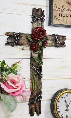 Rustic Western Faux Wooden Valentine Love Red Roses With Barbed Wires Wall Cross-9