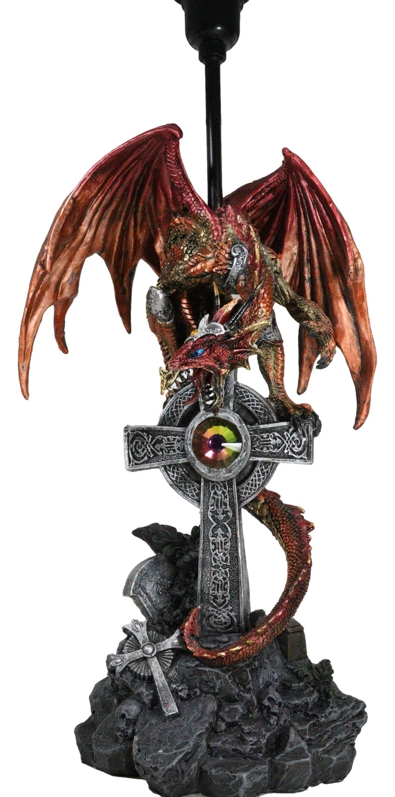 Red Gold Armored Dragon On Celtic Knotwork High Cross With Crystal Table Lamp-2