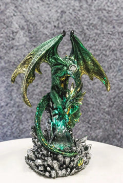Metallic Green and Gold Rune Dragon Guarding Glass Prism Crystals Figurine 10"H-2