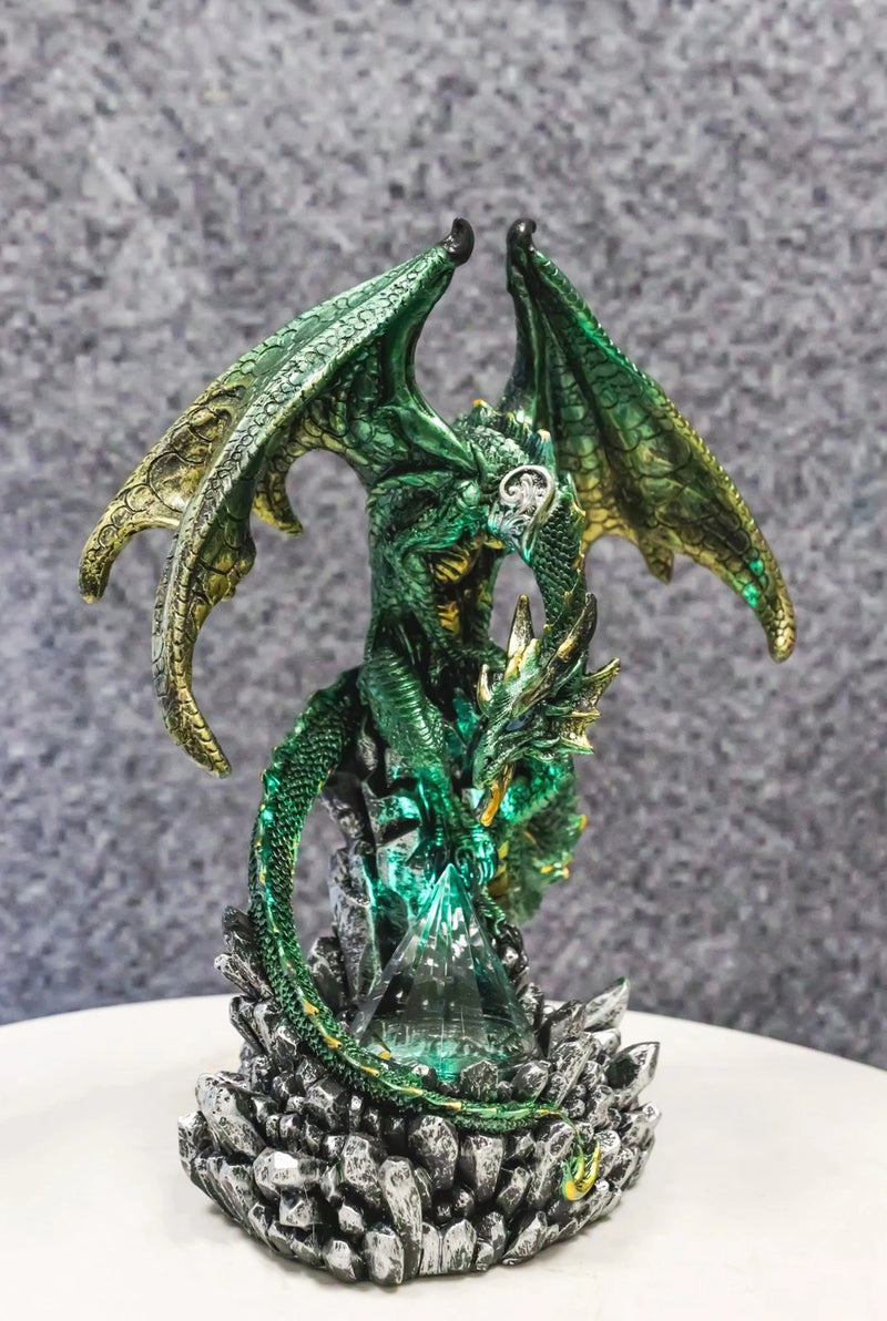 Metallic Green and Gold Rune Dragon Guarding Glass Prism Crystals Figurine 10"H-2