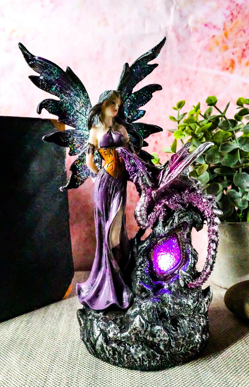 Purple Fairy With Dragon Sitting On LED Crystal Geode Night Light Statue Decor-1