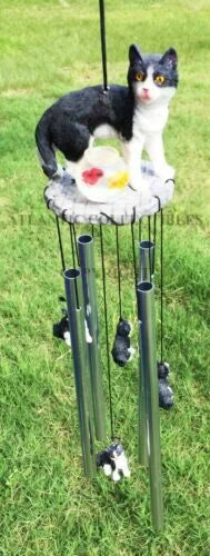 Tuxedo Black Kitty Cat with Fish Bowl Resonant Wind Chime 18.5"H Garden-2