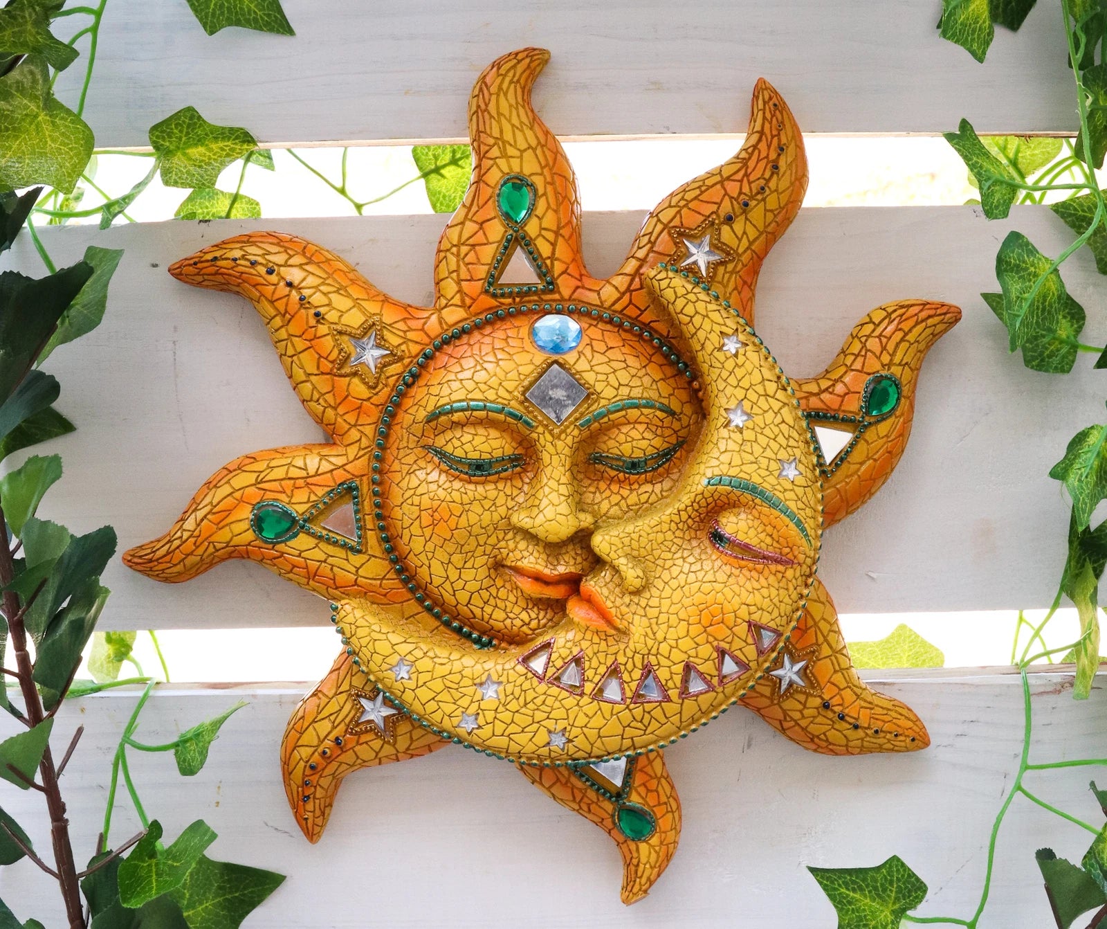 Orange Mosaic Face Sun with Yellow Mosaic Moon, 13"H Wall Plaque Decor