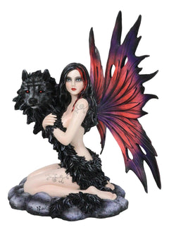 Large Gothic Fairy Goddess Artemis Holding Black Wolf Home Decor Figurine 13"H-5