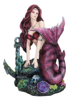 Siren Mermaid Sitting By Sunken Ship Anchor Skull Corals Ocean Graveyard Statue-7