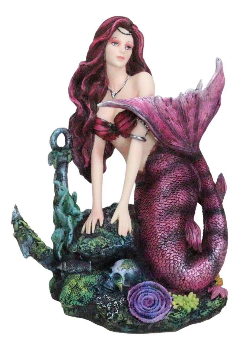 Siren Mermaid Sitting By Sunken Ship Anchor Skull Corals Ocean Graveyard Statue-7