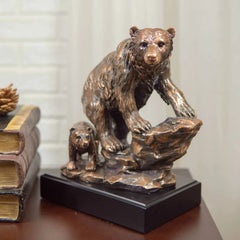 Black Bear Mother With Cub Climbing Rock Bronze Electroplated Resin Statue 9"H-1