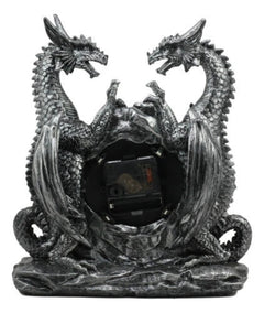 Gothic Twin Dragons Table Clock Statue With Roman Numerals In Metallic Look 11"H-3