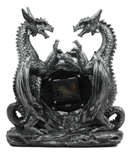 Gothic Twin Dragons Table Clock Statue With Roman Numerals In Metallic Look 11"H-3