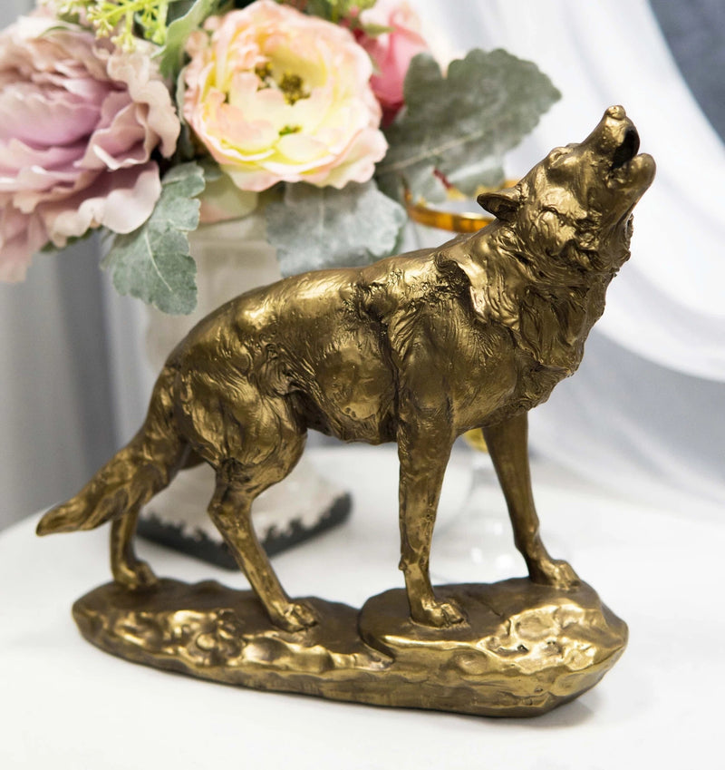 Full Moon Howling Alpha Gray Wolf Timberwolf Statue In Gold Patina Finish 9"H-2