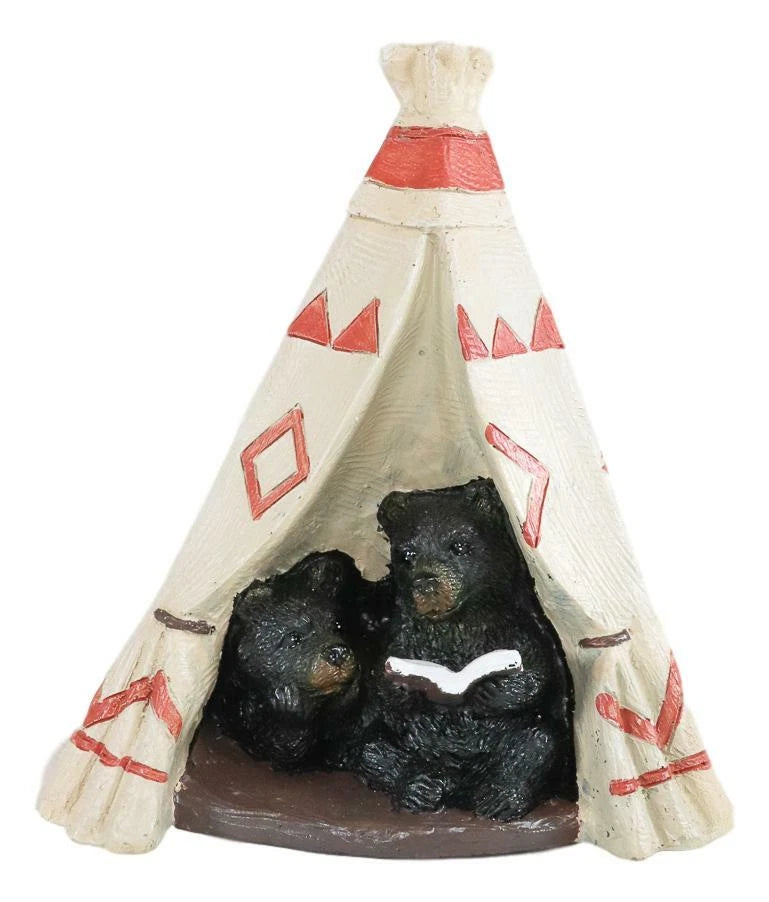 Rustic Forest Black Bear Cubs Story Time Reading Book In Teepee Figurine-4