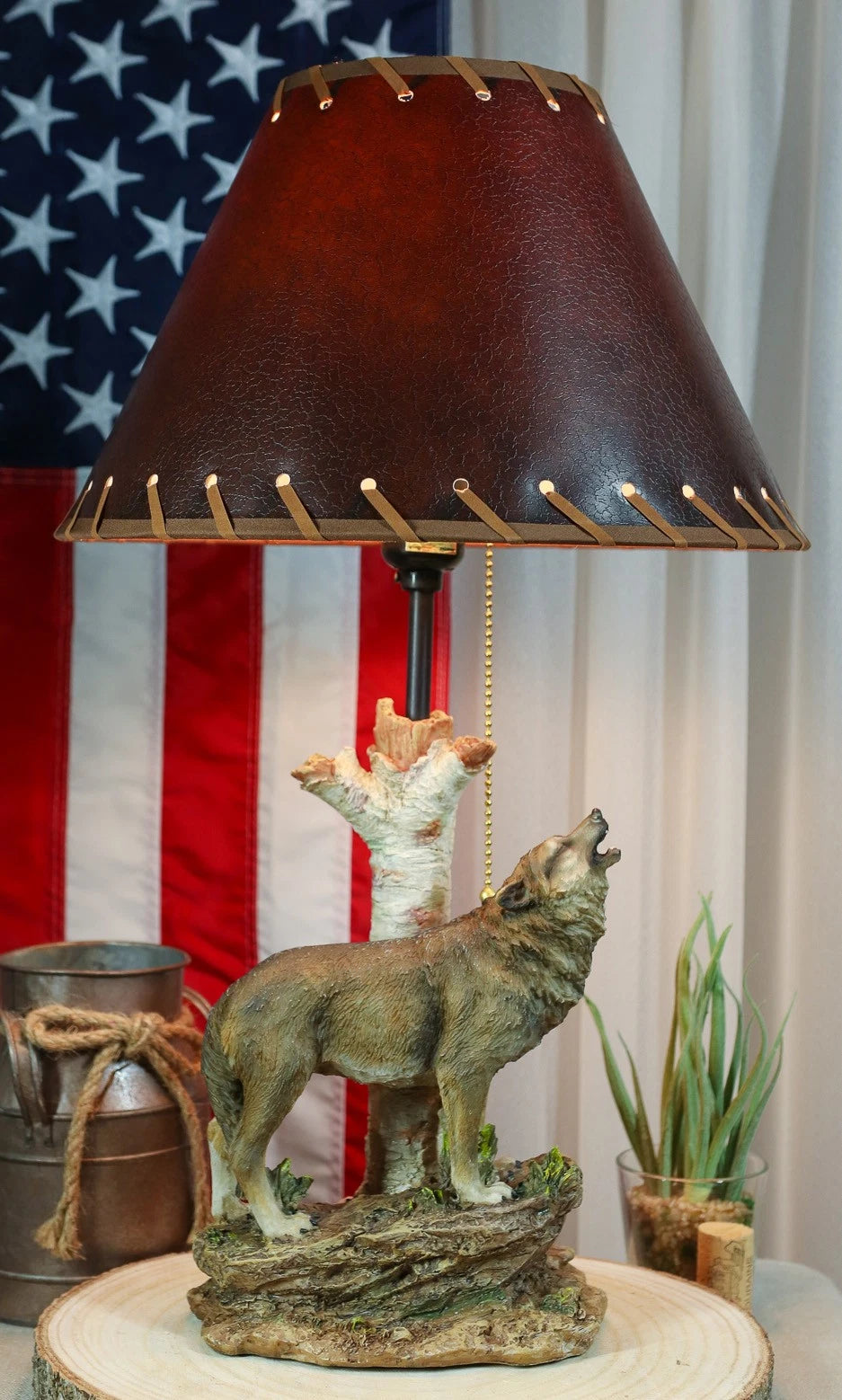 Rustic Wildlife Grey Wolf Howling By Birchwood Tree Table Lamp With Laced Shade-1