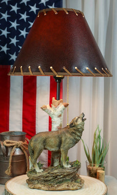 Rustic Wildlife Grey Wolf Howling By Birchwood Tree Table Lamp With Laced Shade-1
