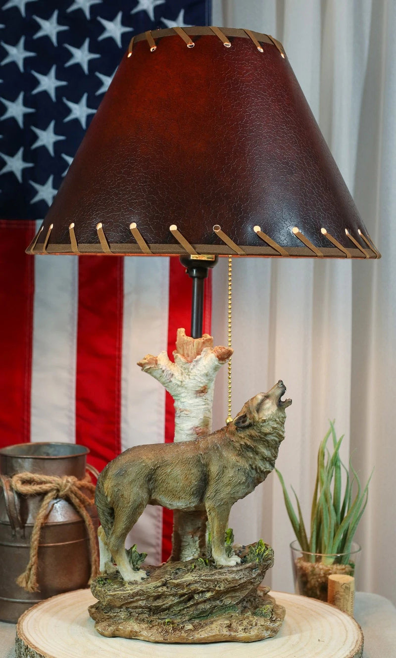 Rustic Wildlife Grey Wolf Howling By Birchwood Tree Table Lamp With Laced Shade-1