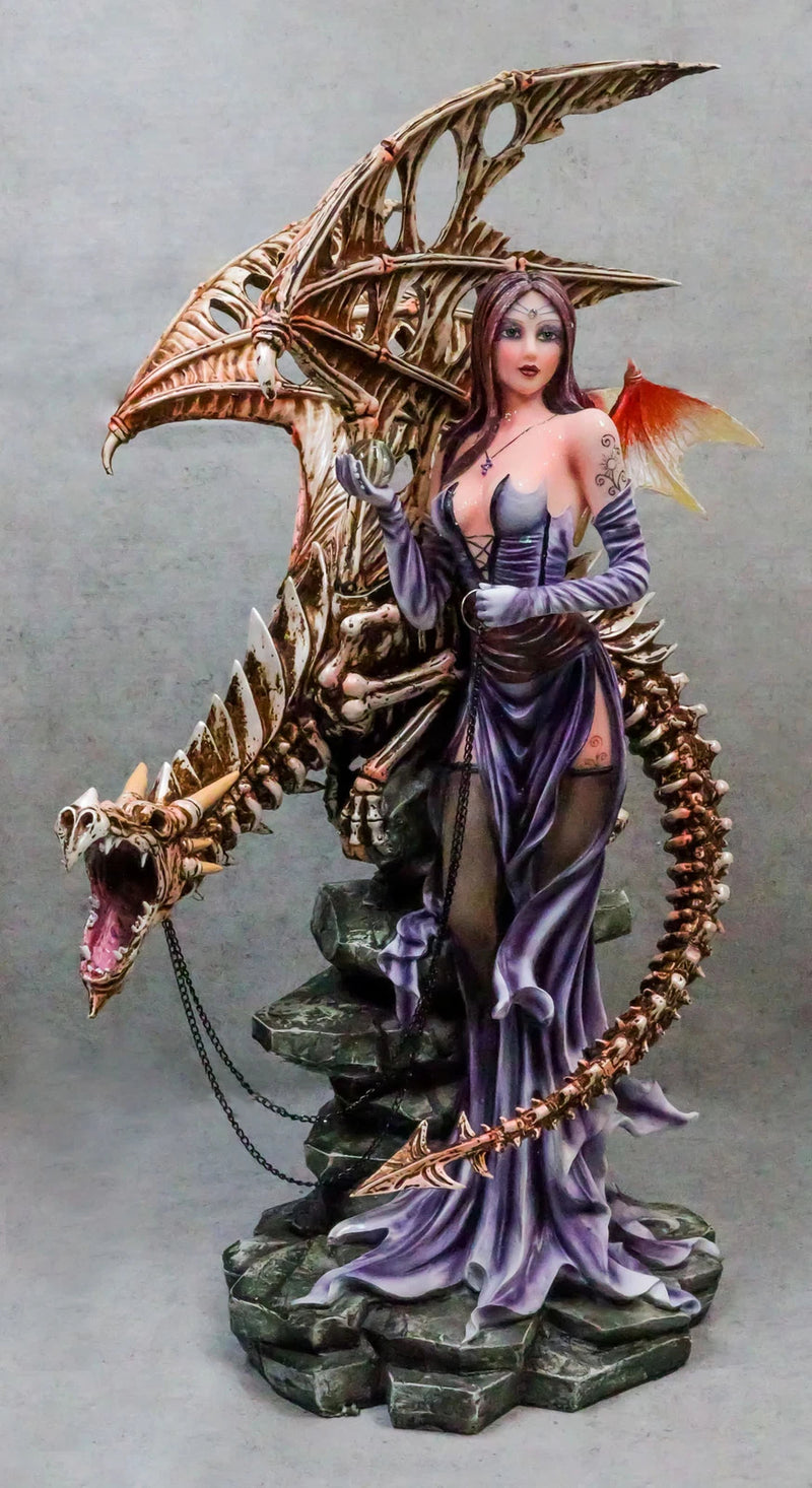 Large 26"H Gothic Soothsayer Psychic Fairy & Bone Skeletal Ghost Dragon Statue-6